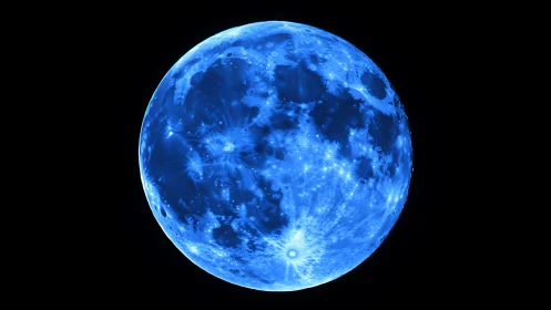 Electric blue full moon glows against a deep black sky.