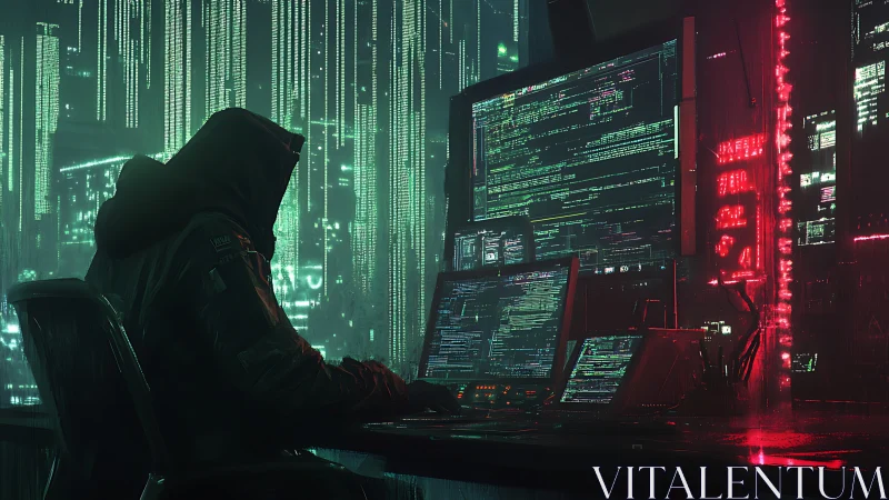 Hooded hacker works in neon city under cascading code rain