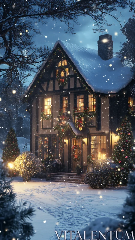 Snow-laden Tudor cottage with luminous festive fenestration.