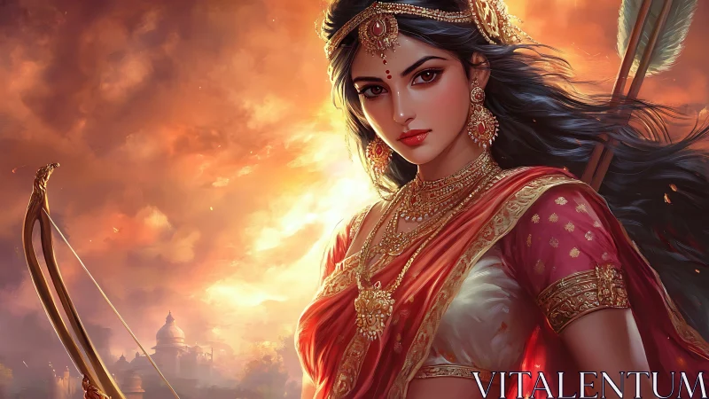 Regal warrior woman in traditional attire, fantasy digital painting.