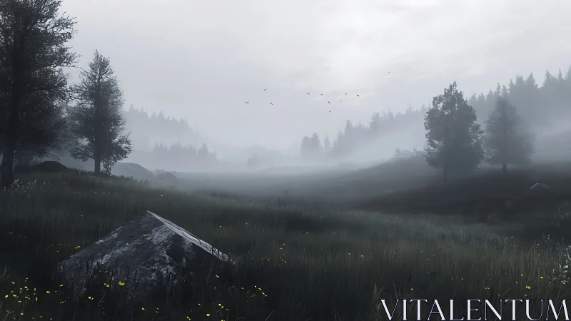 Mist-laden conifer valley at dawn with overcast sky gradients