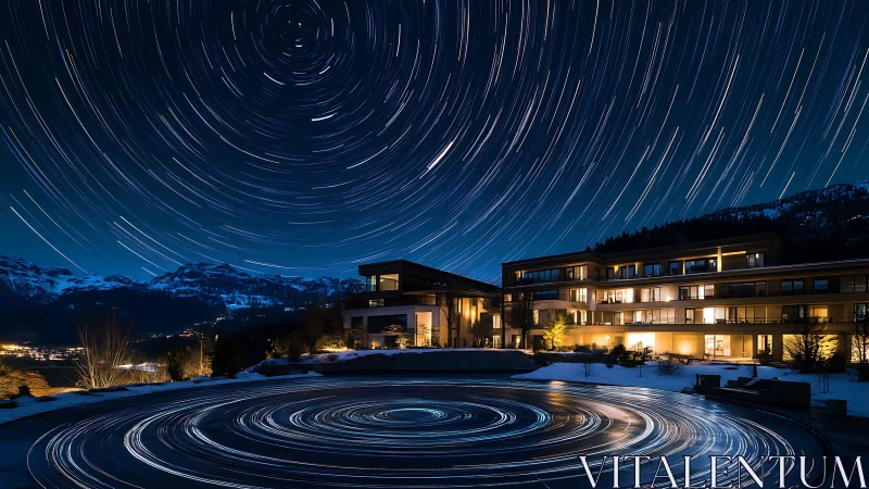 Long-exposure star trails over modern alpine hotel courtyard