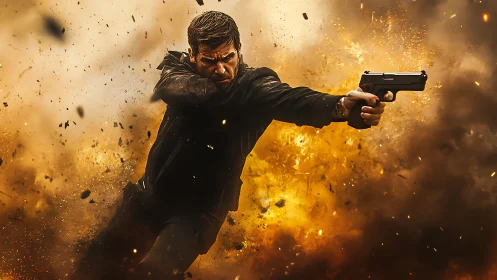 Dynamic mid-air gunman isolated against high-energy explosion field