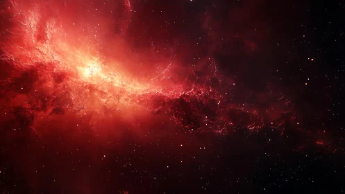 Red nebula cloud stretches across dense star field