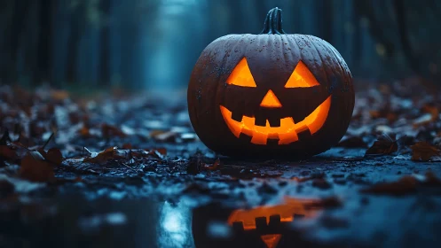 Jack o lantern grins alone on a rain slicked forest path