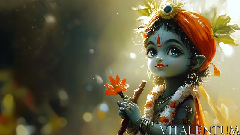 Childlike blue-skinned figure holds flower and wooden staff