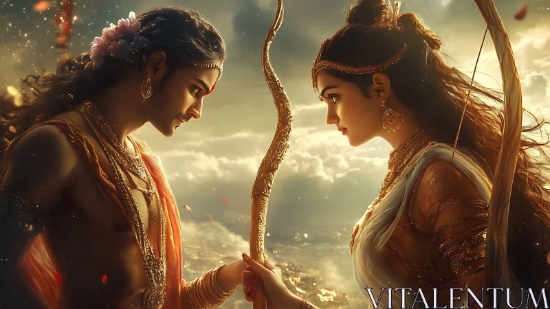 Tender divine couple sharing a golden bow in glowing light.