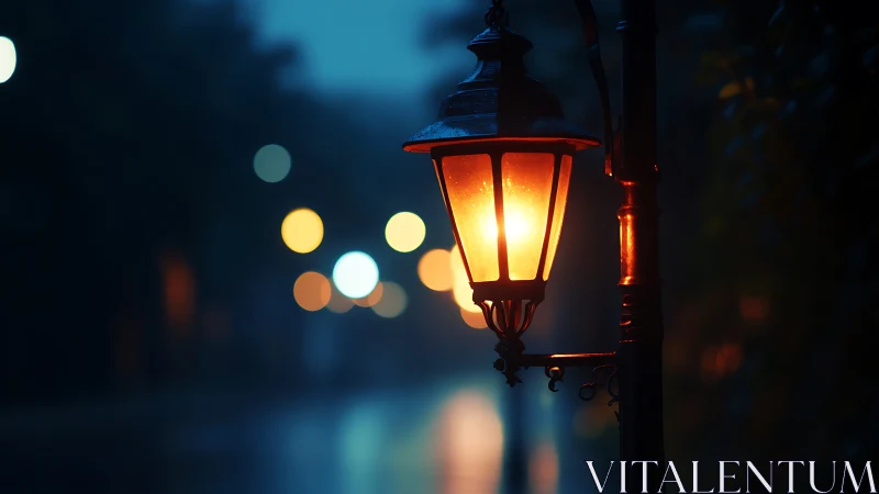 Cozy streetlamp glow guiding a quiet blue evening walk.