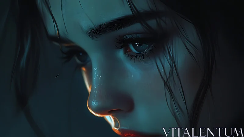 Moonlit sorrow glows along her rain-brightened skin