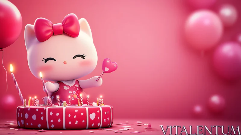 Dimensional 3D-Rendered Anthropomorphic Cat Character with Luminous Birthday Cake Setup