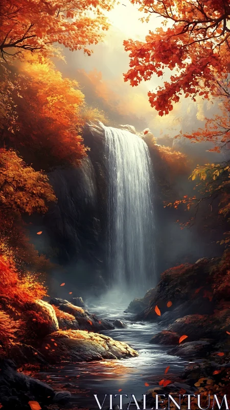Autumn waterfall pours through glowing forest gorge