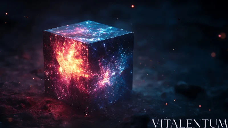 Glowing cosmic cube sits on dark textured ground surface