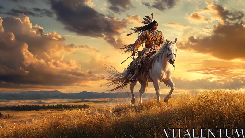 Horseback rider crosses golden plains beneath stormlit sunset