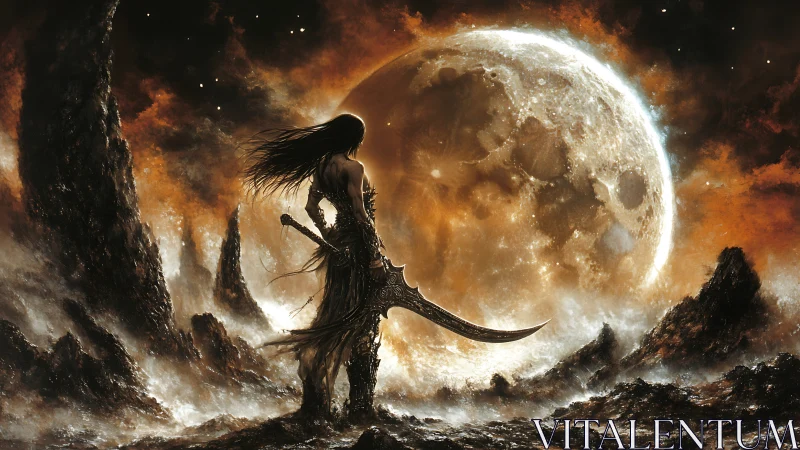Moonlit warrior stands over scorched alien wasteland.