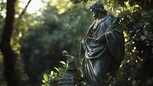 Photorealistic stone statues in verdant bokeh woodland setting.