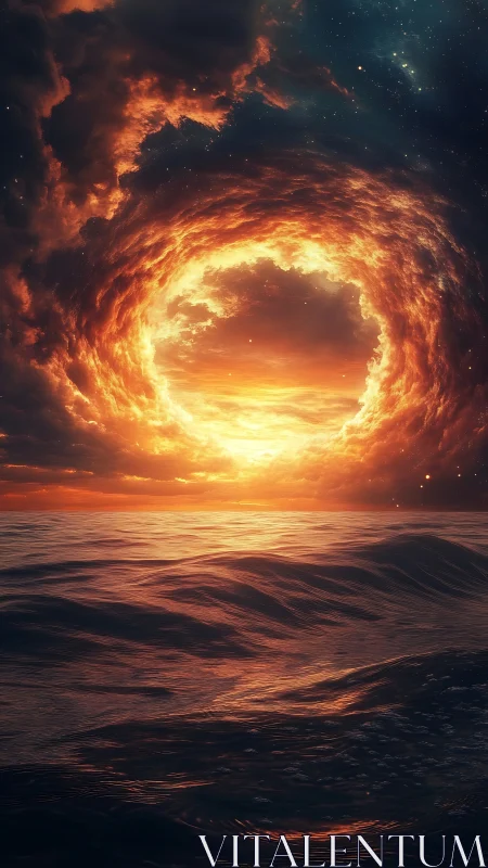 Circular cloud formation aligns with sunset above open water