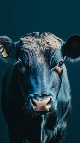 Frontal portrait of a black cow under controlled studio lighting