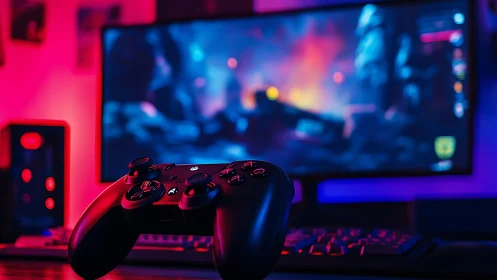 Gaming controller glows under neon-lit immersive setup.