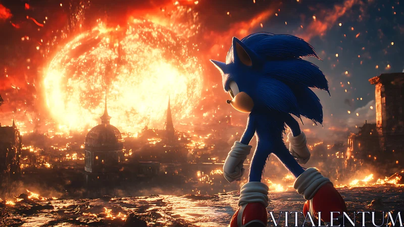 Heroic blue hedgehog stands firm before a blazing ruined city