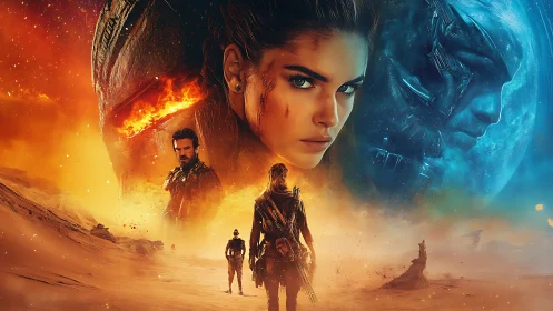 Sci-fi warriors stand on desert planet under looming faces