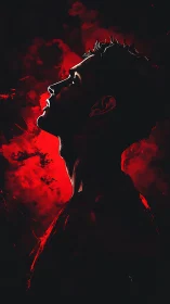 Male profile silhouette against intense red abstract sky.