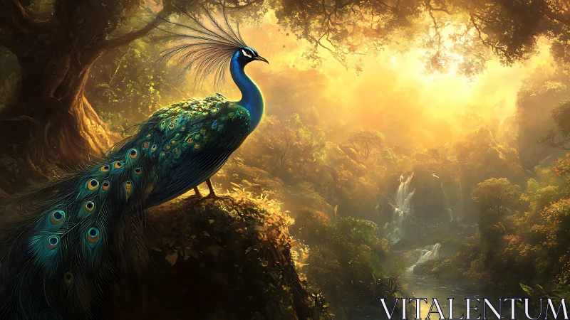 Iridescent peacock overlooks luminous forest waterfall vista