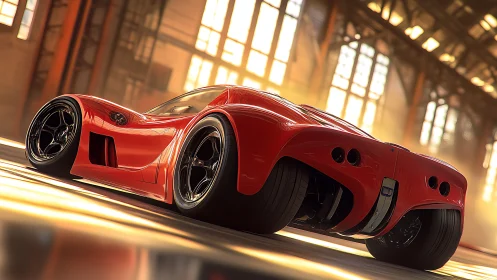 Sunlit red supercar resting in a golden industrial loft.