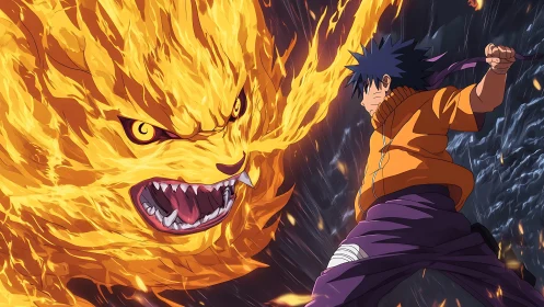 Fiery beast and warrior locked in explosive confrontation.