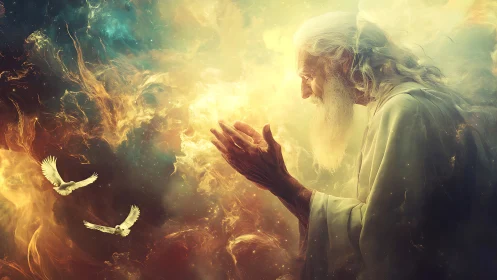 Cosmic elder whispering light into a swirling starborn dawn.