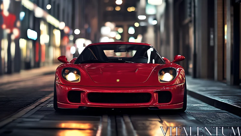 Red supercar fronts a moody urban streetscape at night