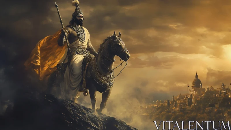 Warrior king on horseback over misty golden citadel at dusk.