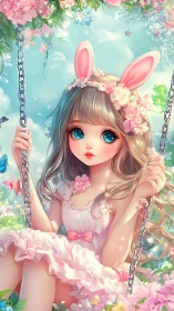 Springtime bunny girl on a dreamy flower garden swing.