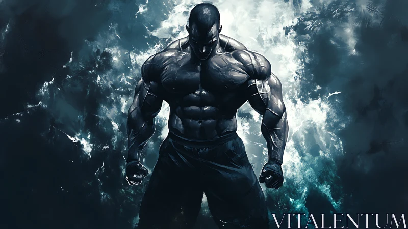 Muscular digital figure stands centered against turbulent clouds