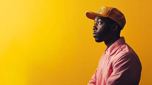 Side profile portrait in pink shirt on yellow background.
