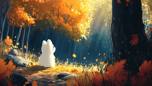 White forest creature under golden autumn canopy at dawn.