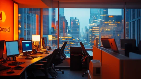 Modern Corporate Workspace: Chromatic Interior with Metropolitan Skyline.