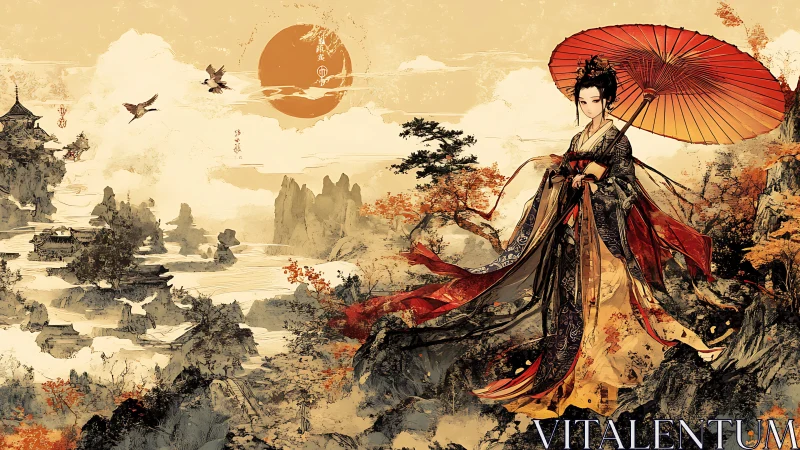 Elegant courtesan under crimson parasol in autumn mountains.