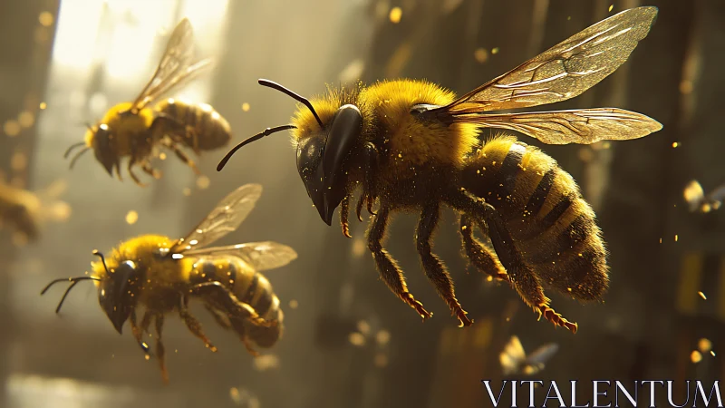 Golden bees in midair, drifting through sunlit dust motes.