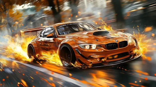 Inferno-orange race car tearing through blazing streets.