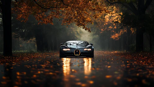 Low-angle hypercar framed by wet autumn avenue and specular reflections