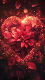 Glowing Red Flower Heart Surrounded by Golden Light Particles