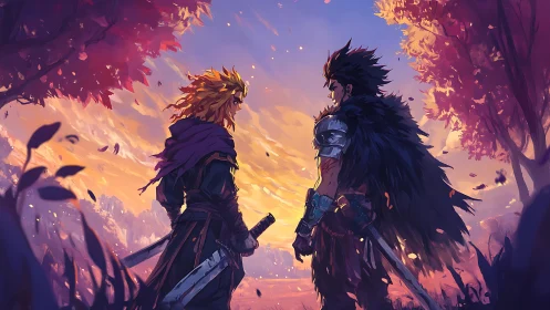 Rivals at dusk share a quiet vow beneath ember trees.