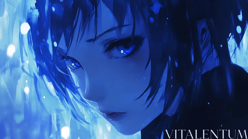 Melancholic blue anime portrait with luminous eyes.