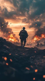 Lone soldier advances along burning battlefield at dusk