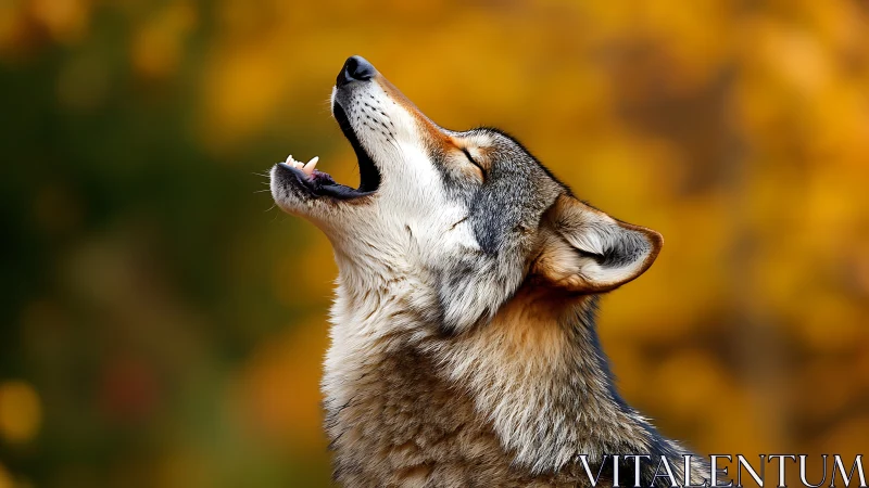 Howling wolf profile against soft golden bokeh forest background.