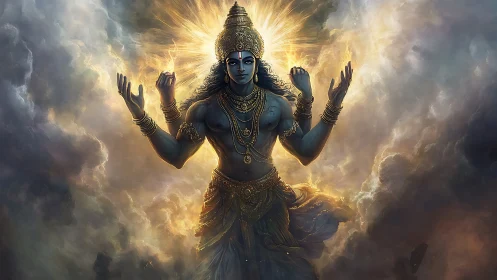 Four-armed blue figure stands in luminous cloud environment