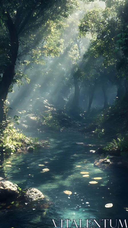 Sunlit Forest Stream with Misty Atmosphere.