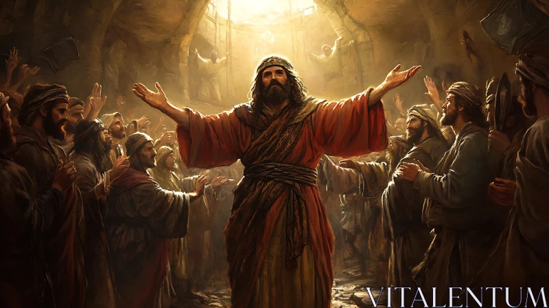 Prophet in flowing robes addresses a crowd in golden light.