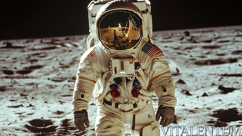 Astronaut stands on lunar surface in reflective visor suit