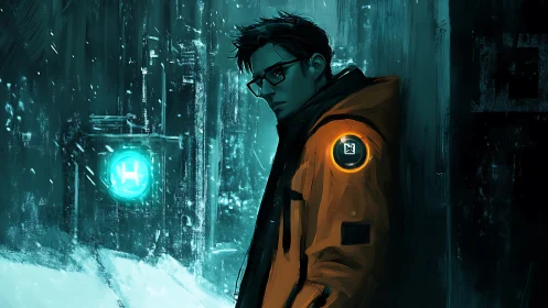 Figure stands in neon-lit winter alley wearing orange coat